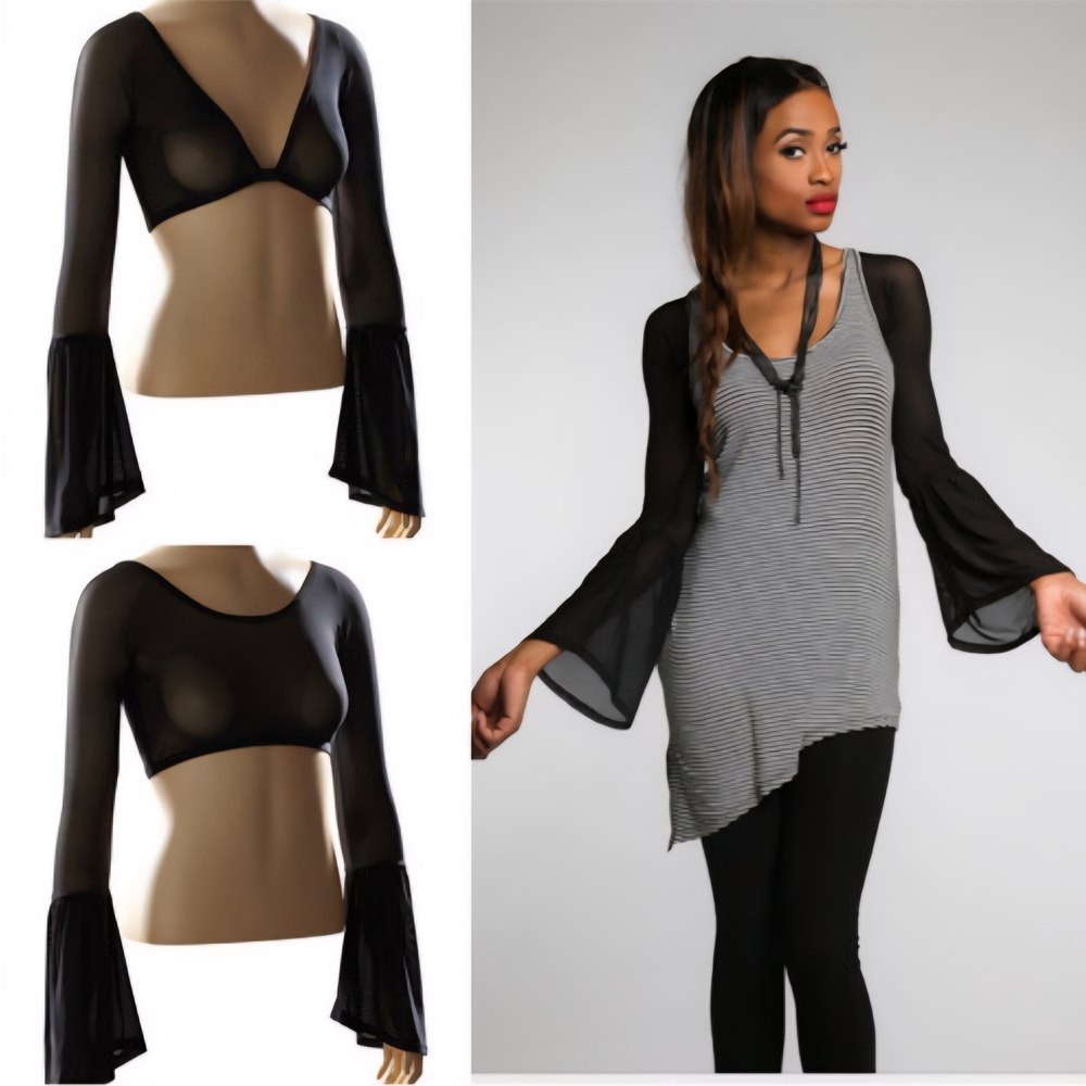 Elegant Black Sheer Bell Sleeve Blouse